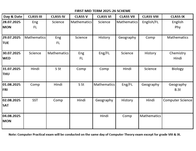 Class III-IX Mid Term Exam Schedule 2025 | PDF