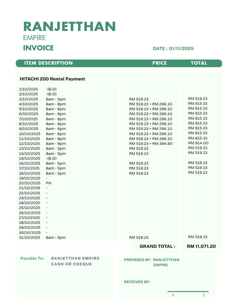 Hitachi 200 Rental Invoice RM 11,071.20 | PDF