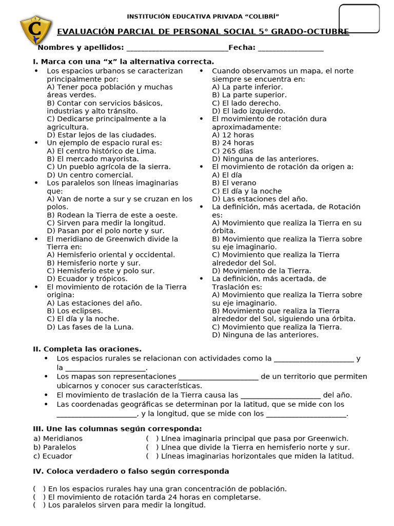 Examen Parcial de Personal Social Quinto Grado Octubre | PDF | Tierra
