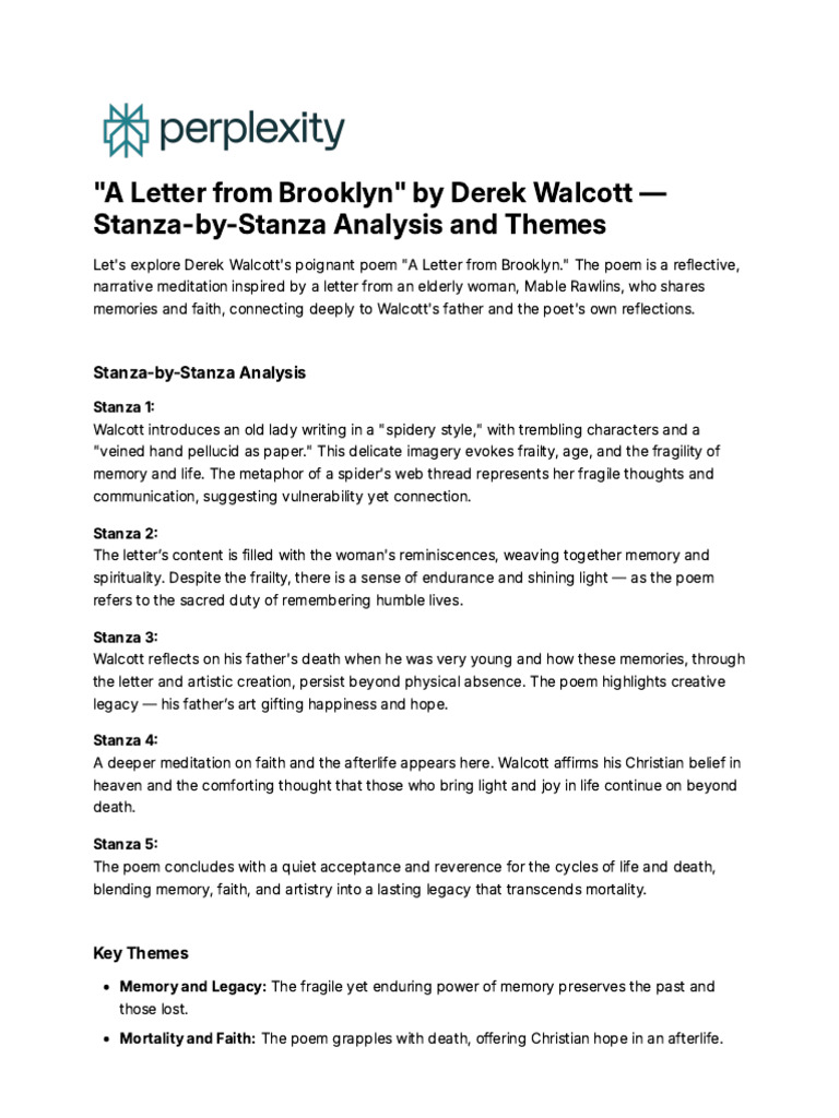 A Letter From Brooklyn - by Derek Walcott - Stanza | PDF | Poetry