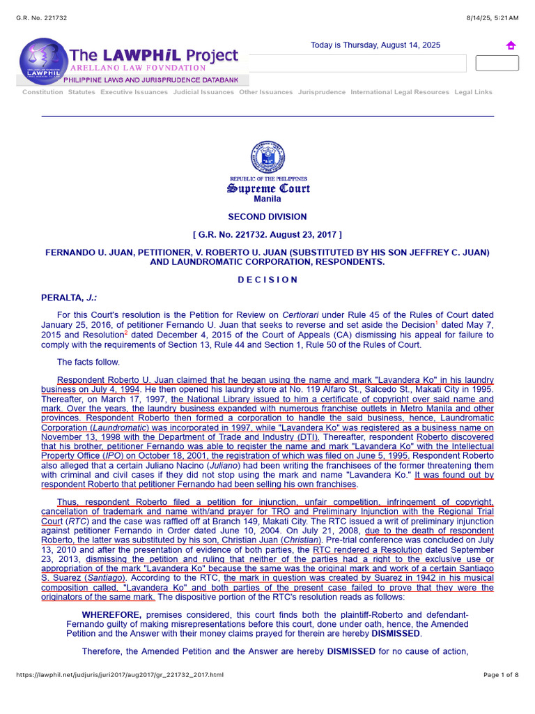 1 Juan V Reference: Lavandera Ko Trademark Dispute Ruling Pdf Judicial Notice