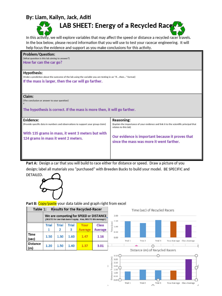 Energy of A Recycled Racer Lab Sheet2022-1 | PDF | Weight | Mass