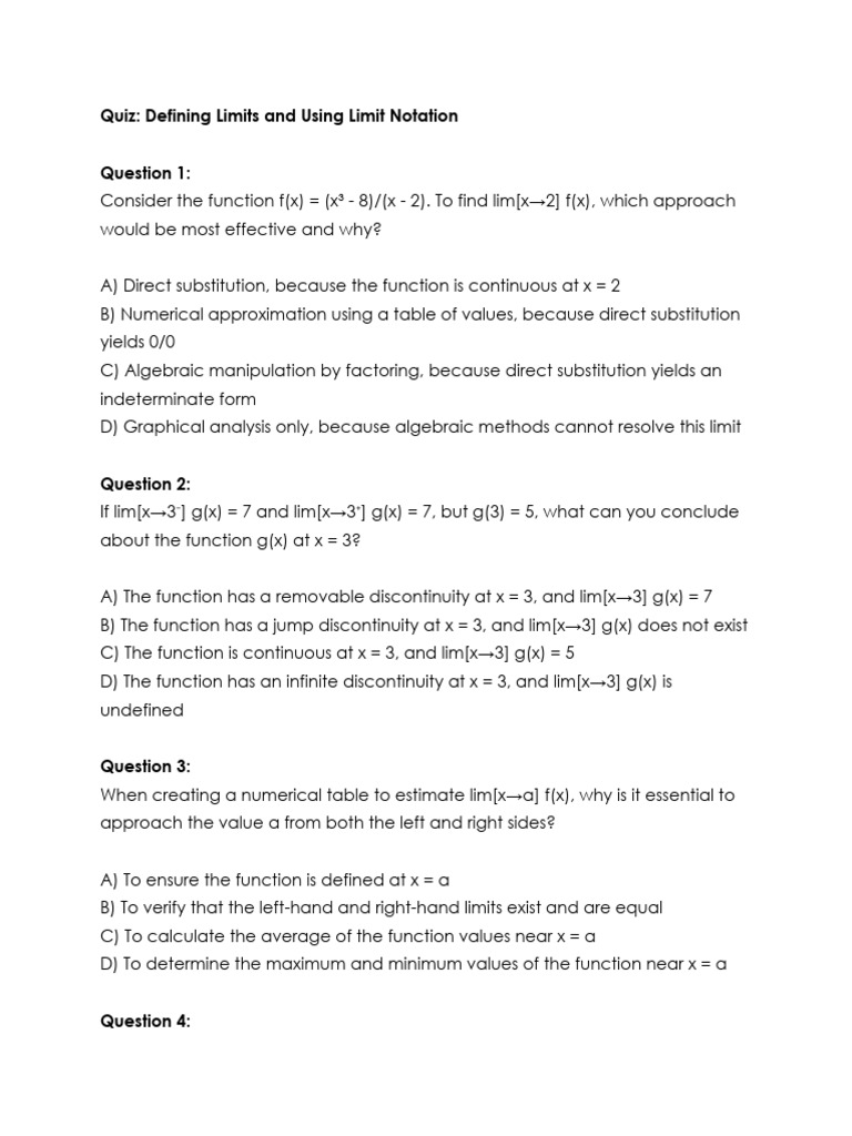 Quiz_ Defining Limits and Using Limit Notation | PDF | Function ...