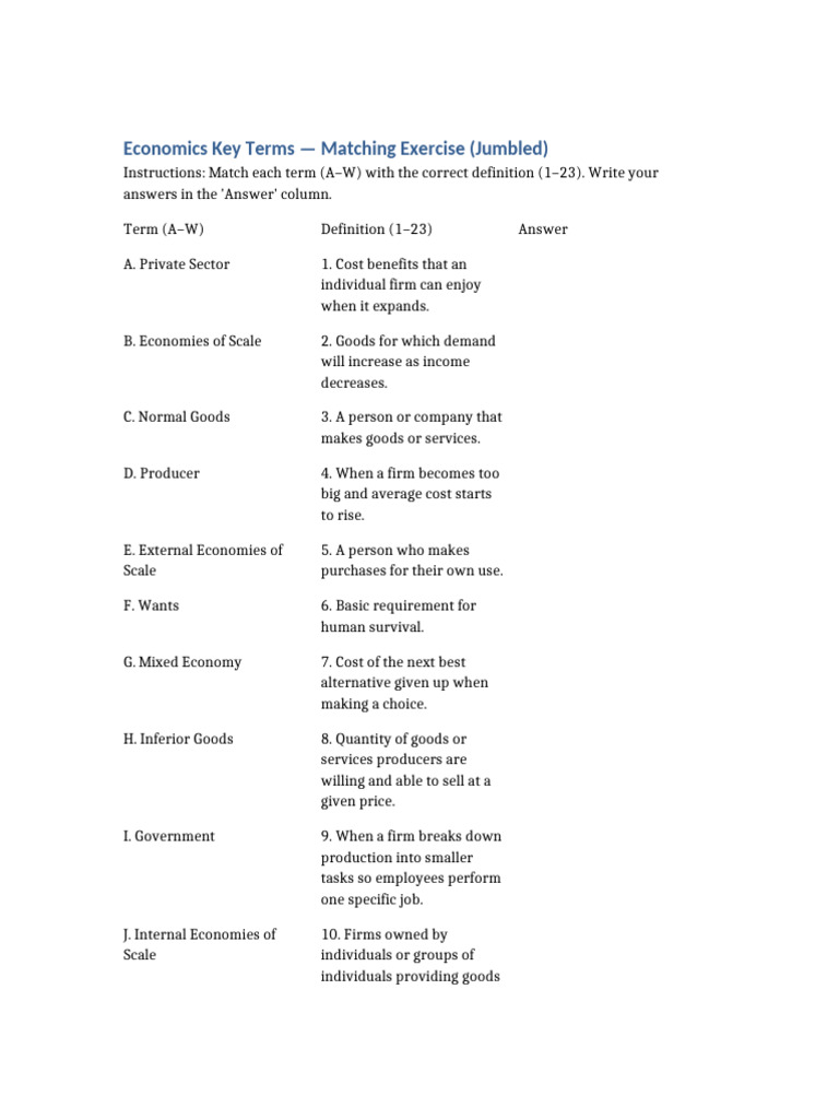 Economics Key Terms Matching Exercise | PDF | Average Cost | Demand