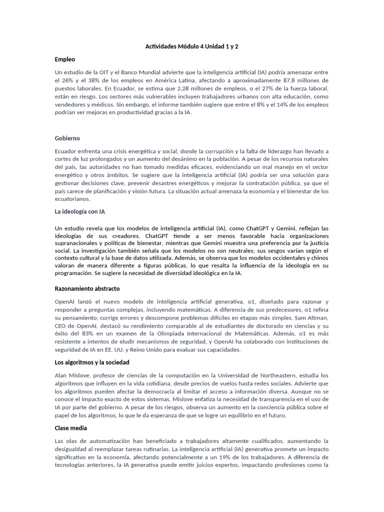 Actividades Módulo 4 Unidad 1 y 2 | PDF | Inteligencia artificial ...