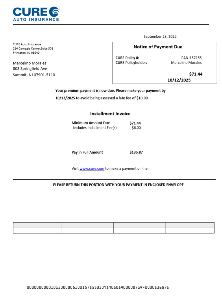 CURE Auto Insurance Payment Notice | PDF