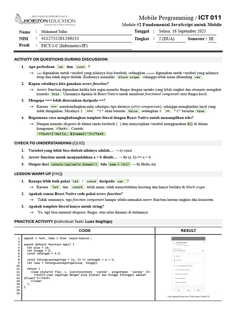 ICT 011 Mobile Programming Module #2 Fundamental JavaScript Untuk ...