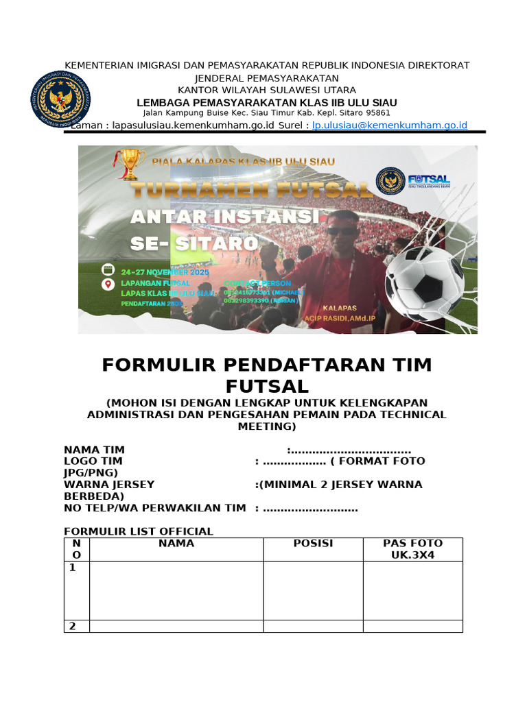 Formulir Pendaftaran Tim Futsal Lapas Ulu Siau | PDF