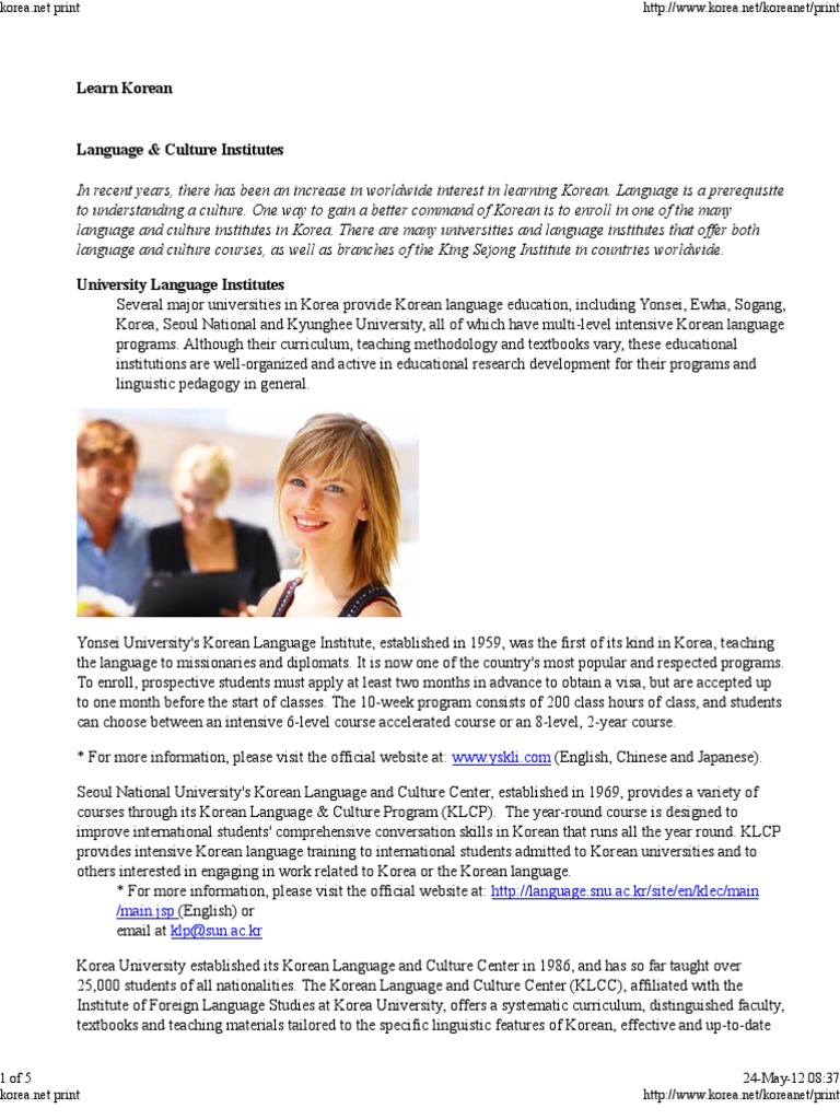 Learn Korean Language & Culture Institutes | PDF | Korean Language ...