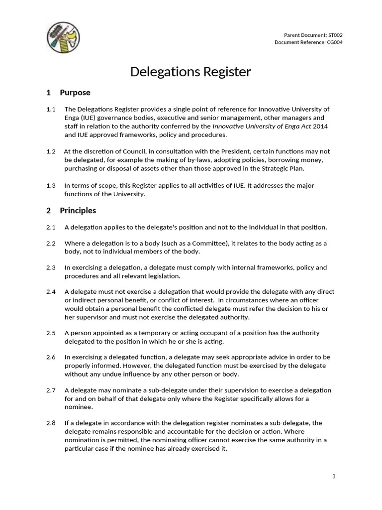 IUE Delegations Register Overview | PDF | Governance | Expense