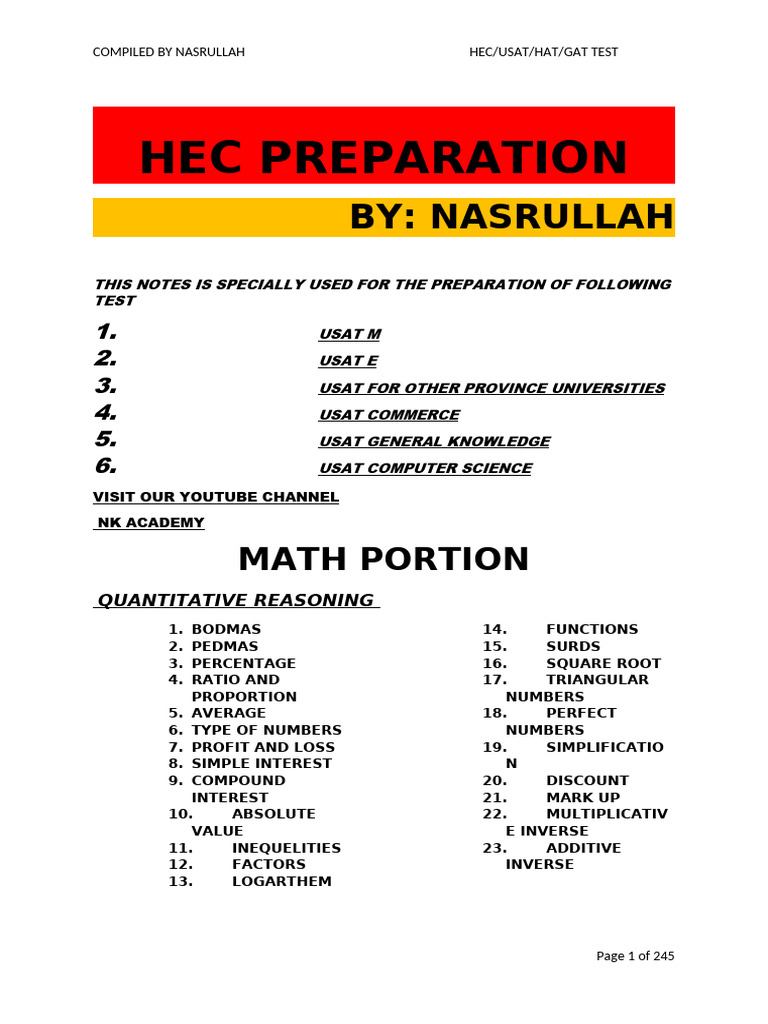 HEC USAT Test Preparation Notes | PDF | Polynomial | Quadratic Equation