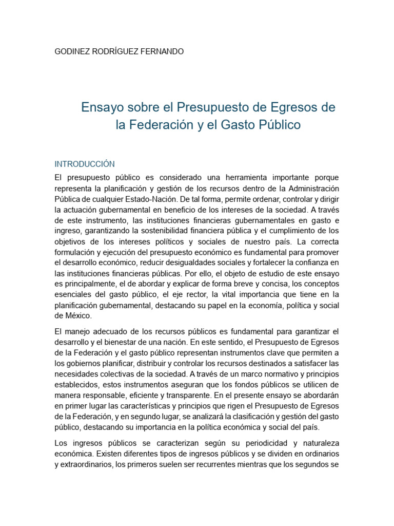 Ensayo Sobre El Presupuesto de Egresos de La Federación y El Gasto ...