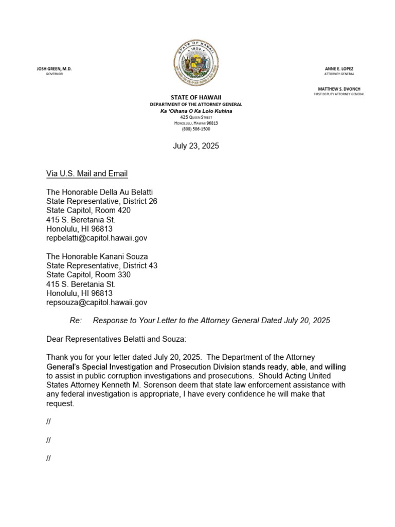 Response to Hawaii Representatives' Inquiry | PDF