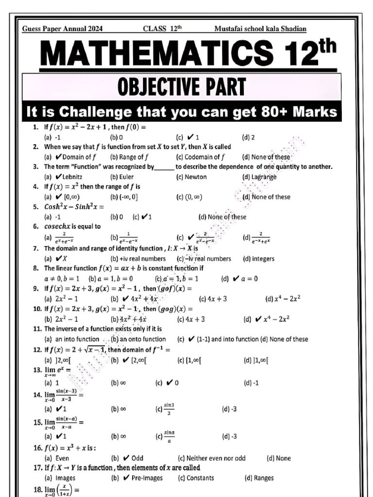 12 MATHEMATICS Guess Paper With Solved Mcqs 2024 | PDF