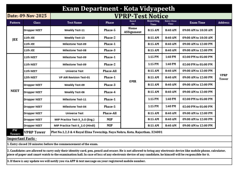 Test Notice VPRP 09-November-2025 | PDF | Student Assessment And ...