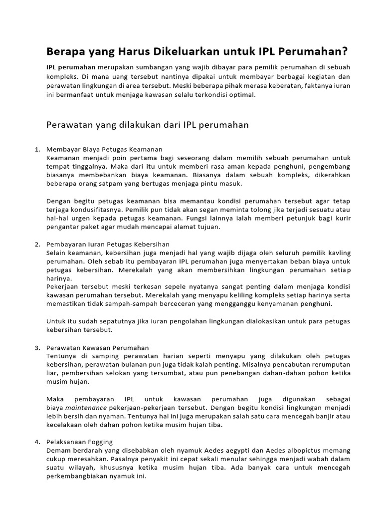 Biaya dan Manfaat IPL Perumahan | PDF