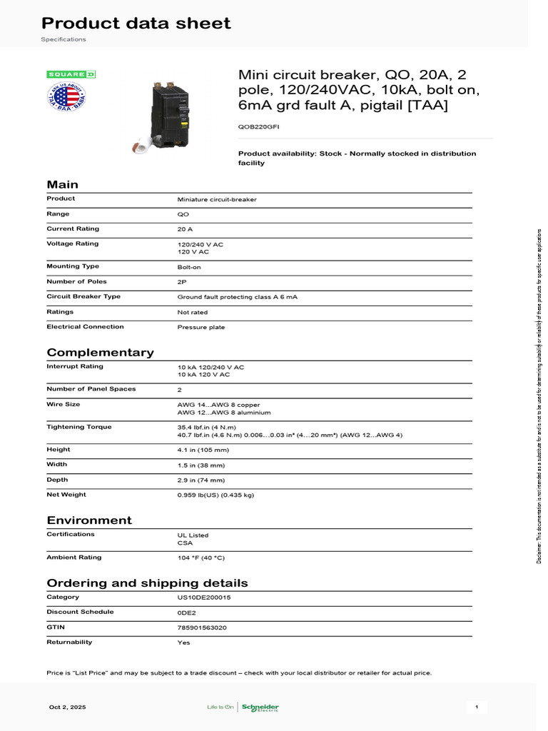 Schneider Electric Square D QO and QOB Miniature Circuit Breakers ...