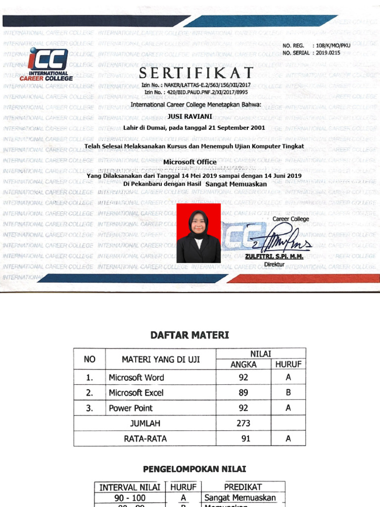 Sertifikat Kursus Microsoft Office Jusni Raviani | PDF