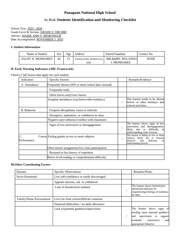 At-Risk Student Monitoring Checklist 2025 | PDF | Learning ...