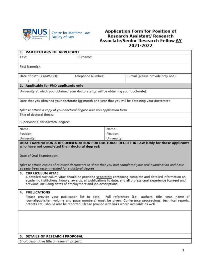 PhD Research Assistant Application Form | PDF | Doctorate | Academic Degree