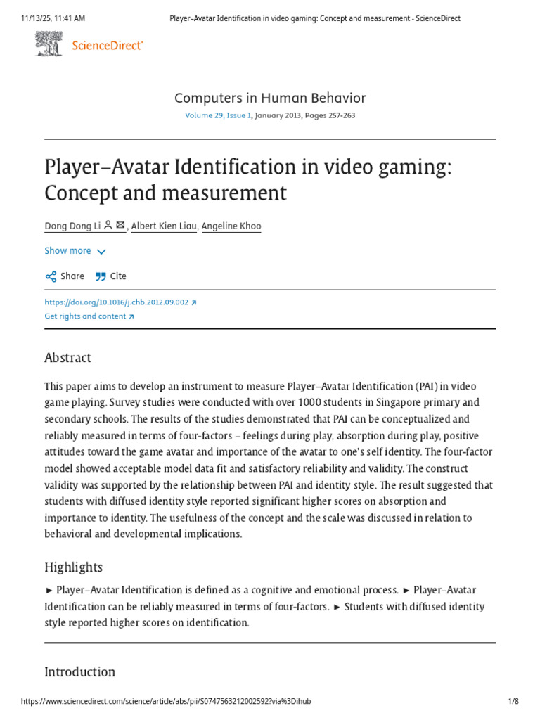 Measuring Player-Avatar Identification | PDF | Identity (Social Science ...