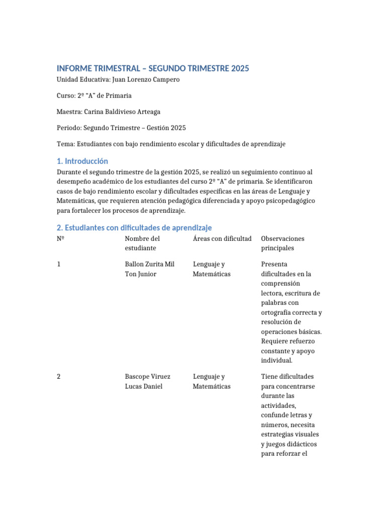Informe Trimestral 2doa Segundo Trimestre 2025 | PDF | Aprendizaje ...