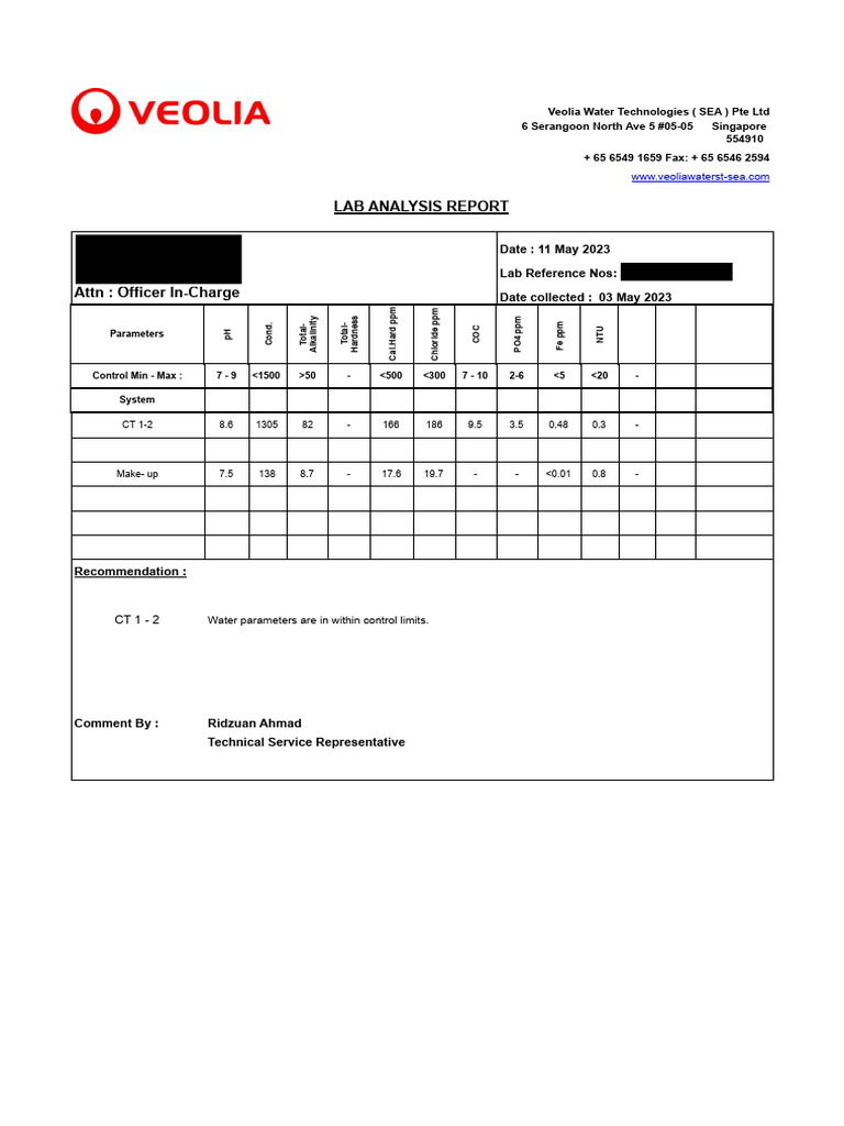 Veolia Water Lab Analysis Report 2023 | PDF