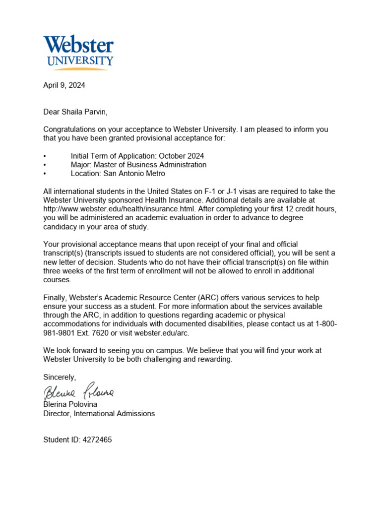 Westar University Conditional Offer Letter | PDF