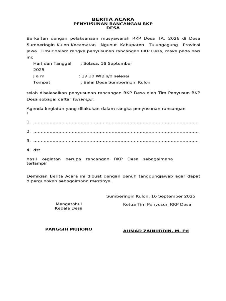 Rancangan RKP Desa 2026 Sumberingin Kulon | PDF