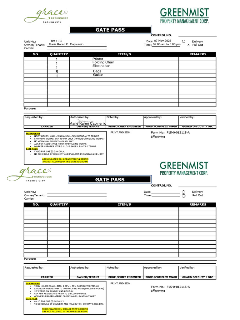 Gate Pass Form for Delivery Items | PDF