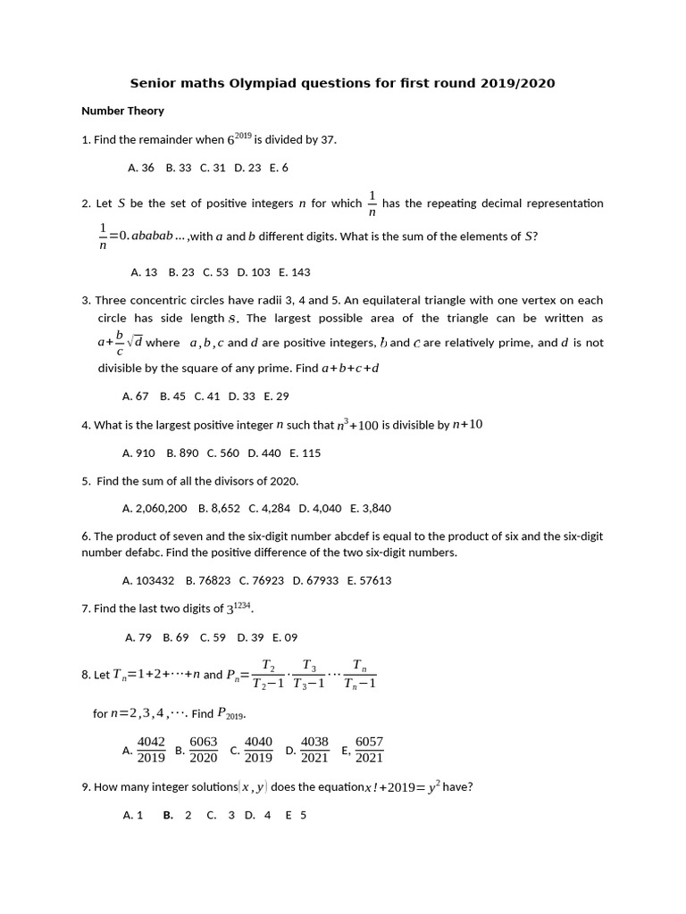 Senior Maths Olympiad 2019 First Round | PDF | Circle | Polynomial