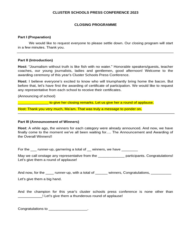 Cluster School Press Conference 2023 Script | PDF