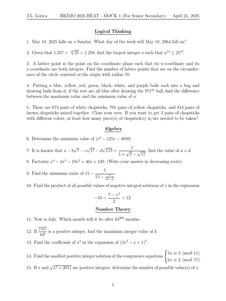 HKIMO 2025 Heat Mock Exam Solutions | PDF
