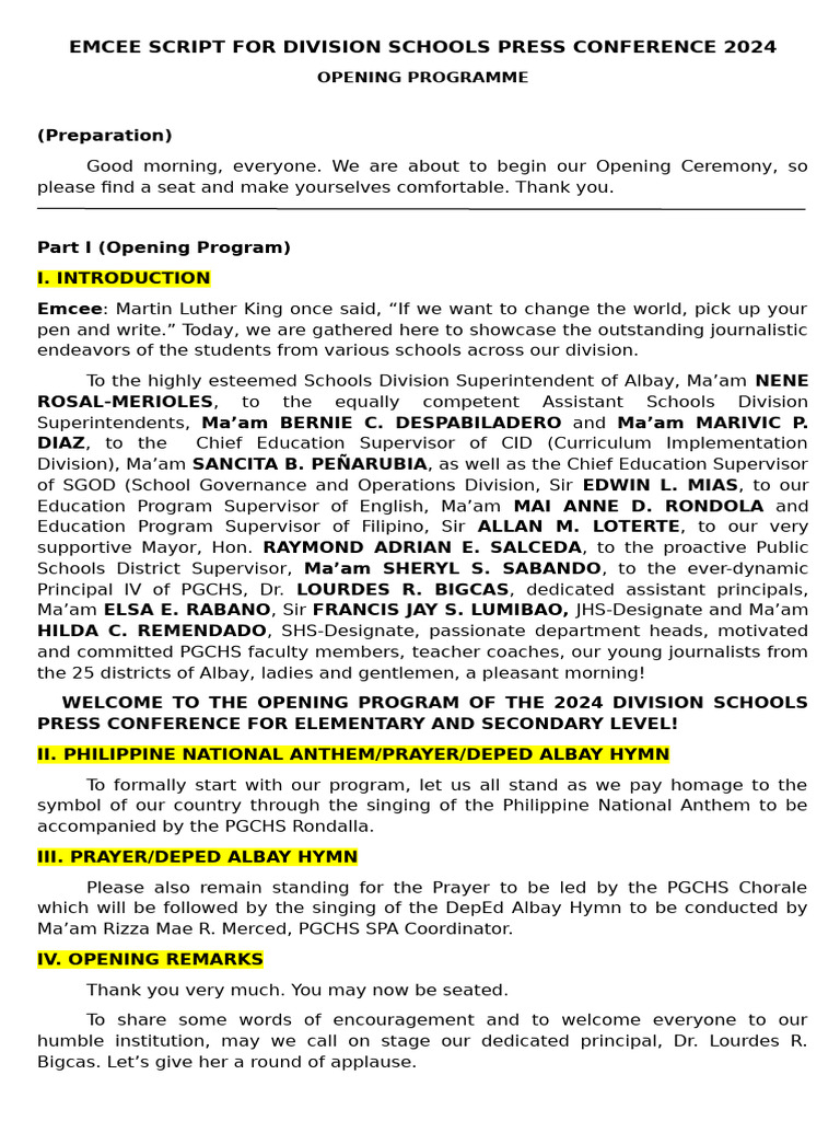Emcee Script for 2024 Press Conference | PDF