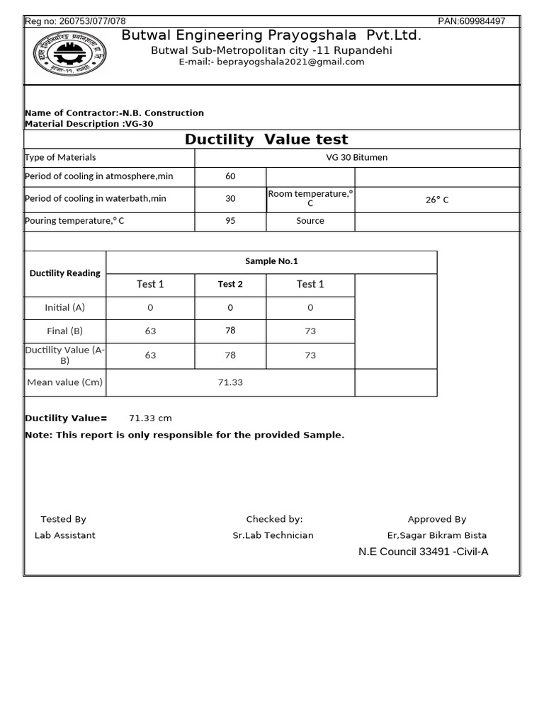 Ductility Test Report for VG-30 Bitumen | PDF