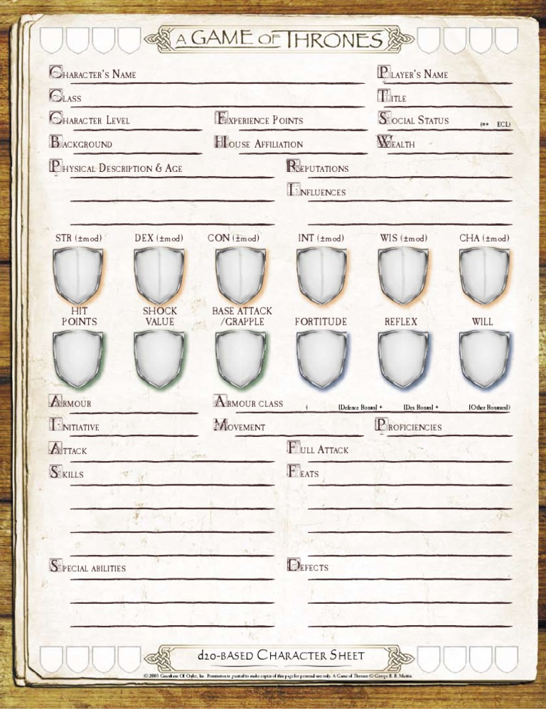 Sword &amp; Sorcery 3.5 - A Game of Thrones RPG - Character Sheet | PDF