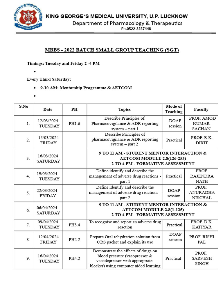 MBBS 2022 SGT Pharmacology Schedule | PDF | Medical Treatments ...