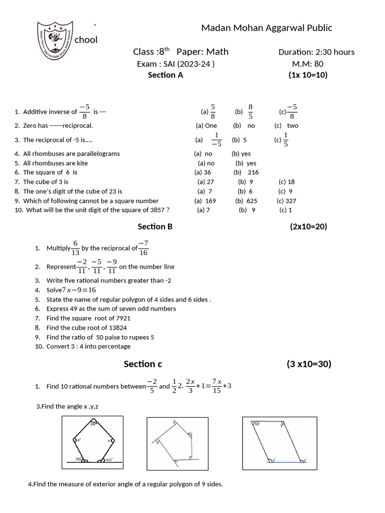 Class 8 Math Exam Paper SAI 2023-24 | PDF | Force | Velocity