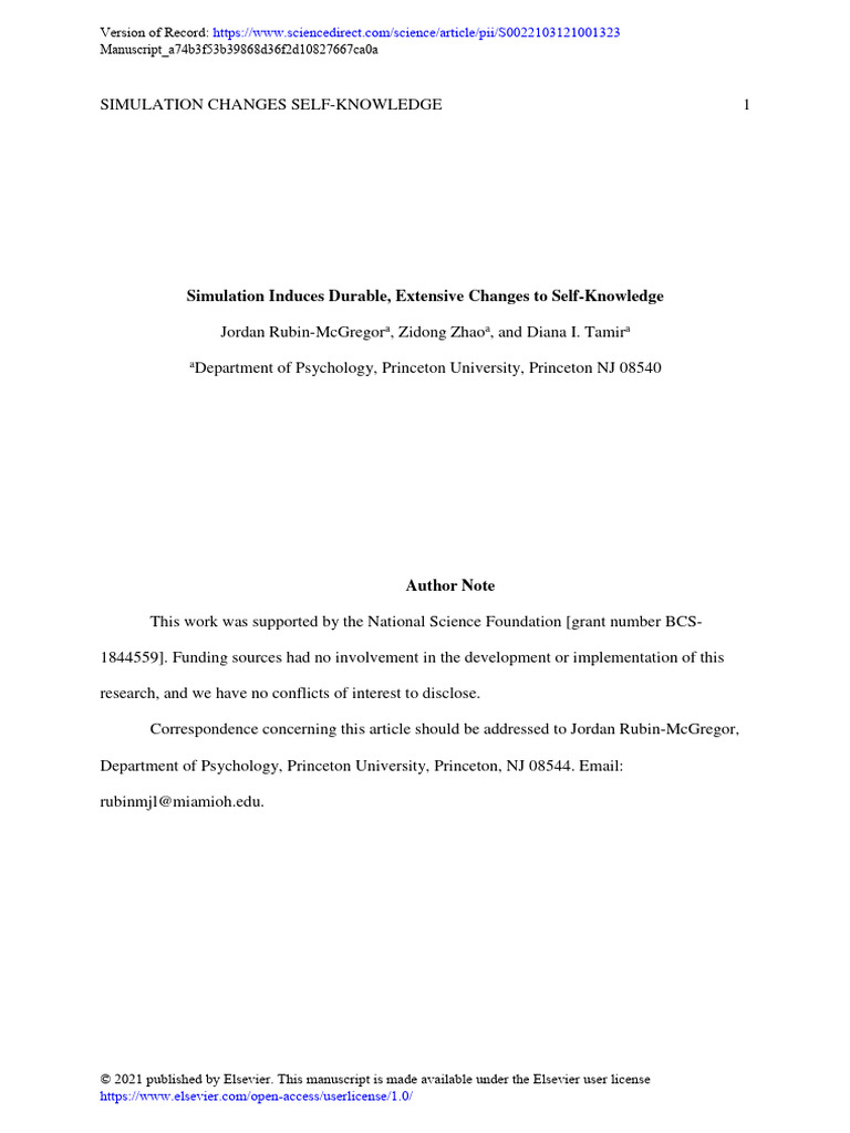 Simulation Induces Durable, Extensive Changes To Self-Knowledge | PDF ...