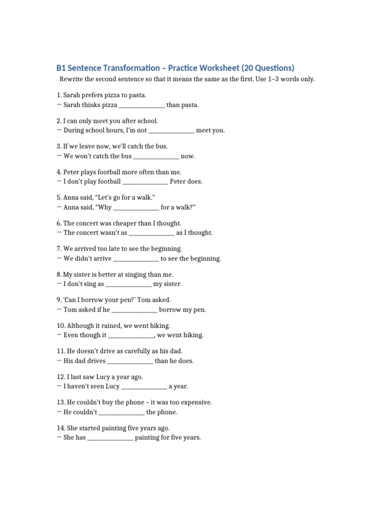 B1 Sentence Transformation Worksheet | PDF