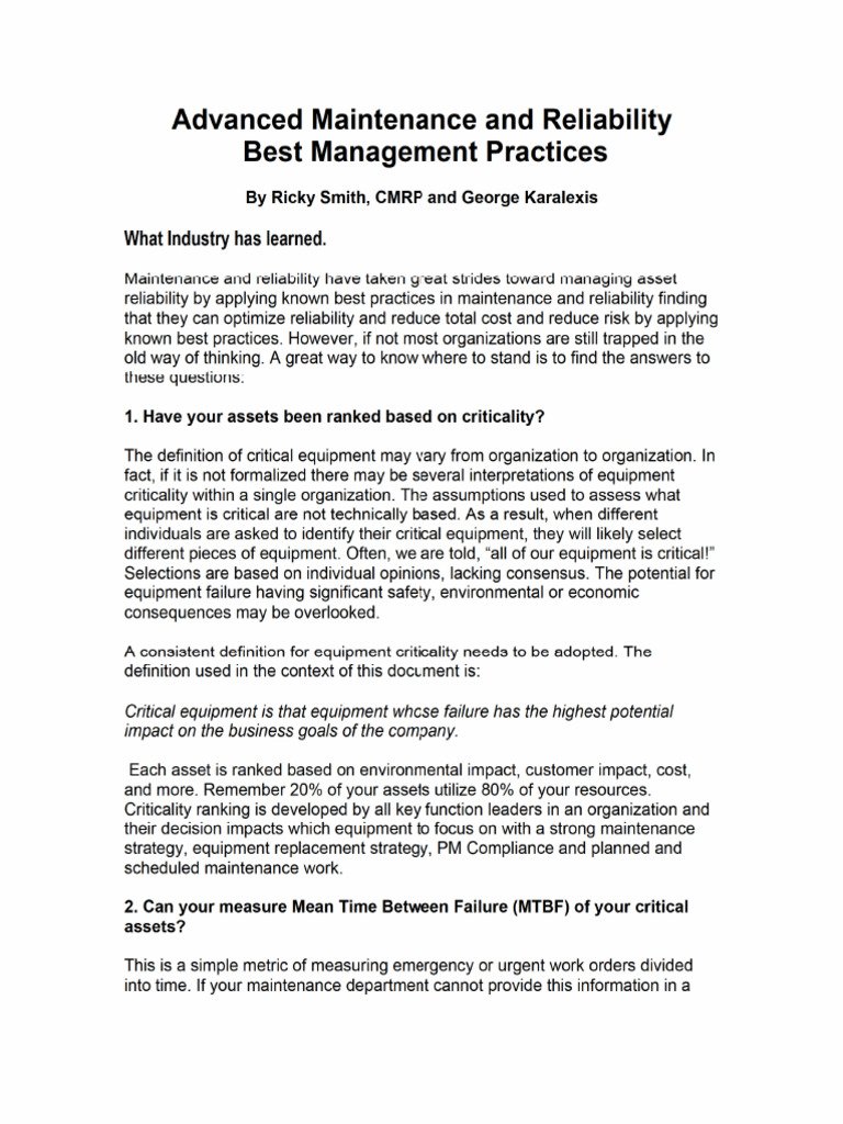 Advanced Maintenance and Reliability Best Practices 1725594310 | PDF