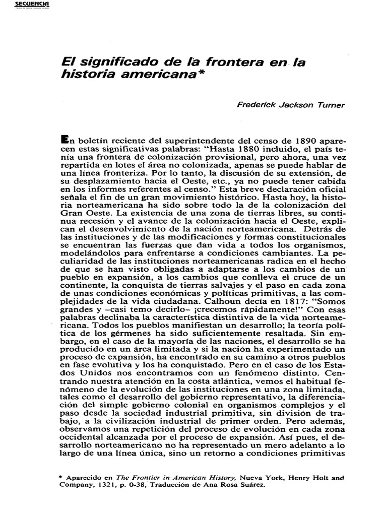 Turner, Frederick Jackson, El significado de la frontera en la historia ...