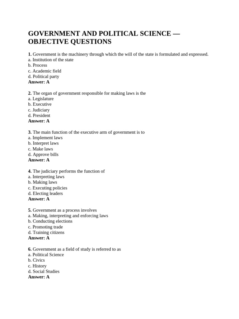 Government and Political Science Quiz | PDF | Sovereignty | State (Polity)