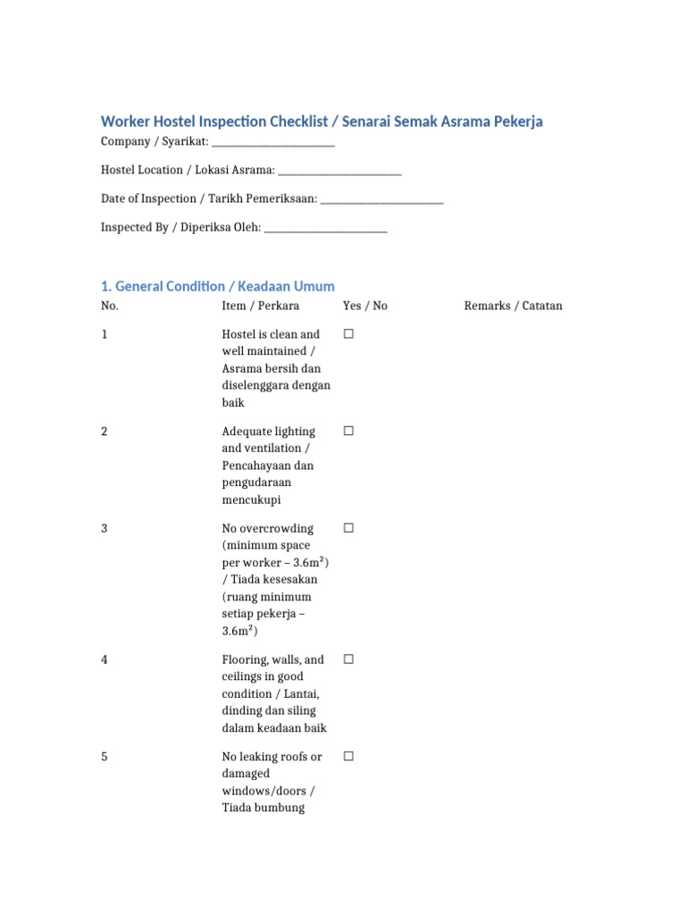 Worker_Hostel_Inspection_Checklist_English_BM | PDF