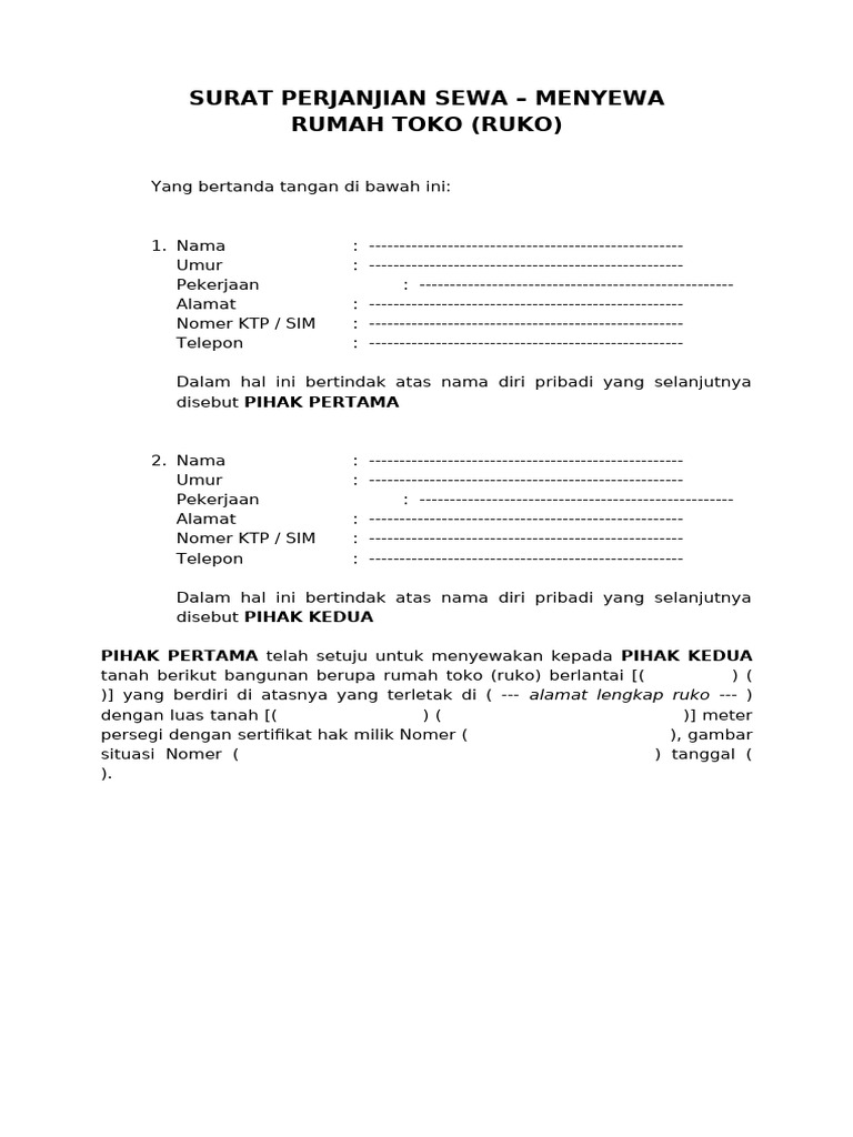 Surat Perjanjian Sewa Ruko Lengkap | PDF