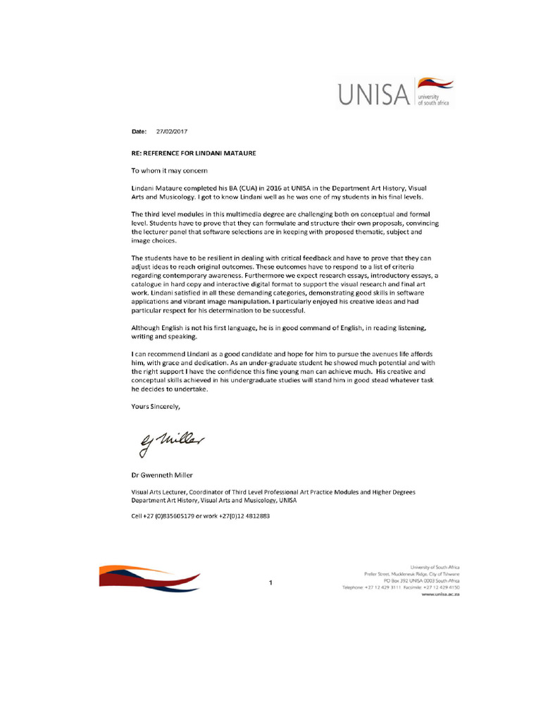 UNISA Reference Letter | PDF