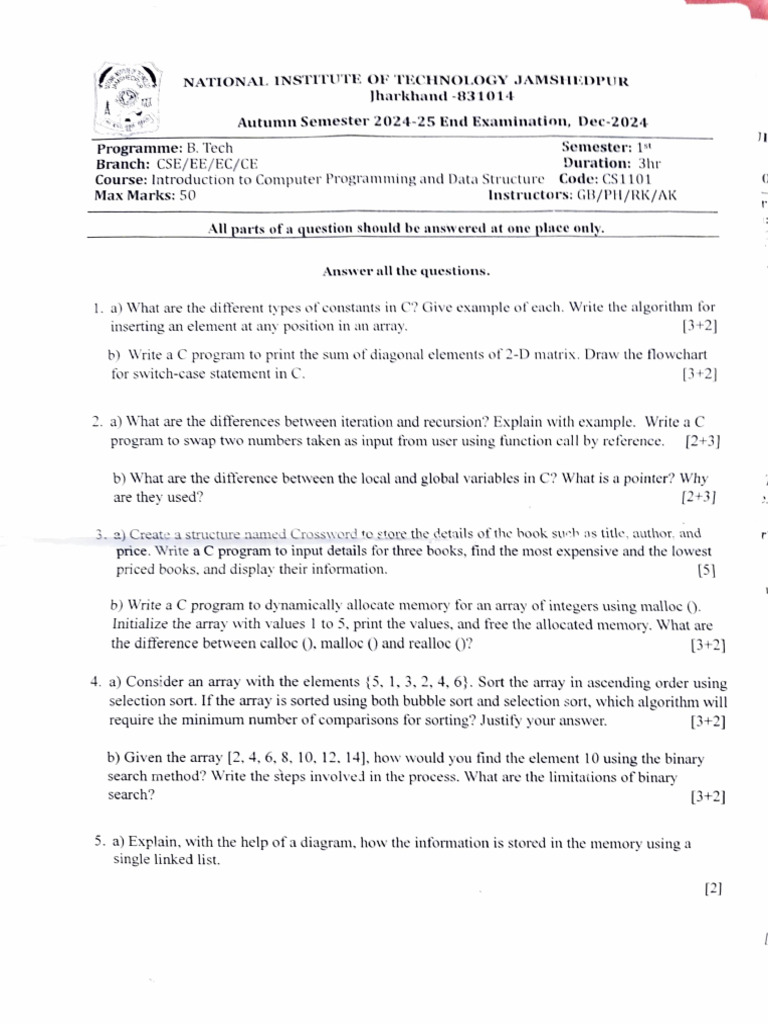 2024 1st End Sem Pyqs | PDF | Computer Programming | Algorithms And ...