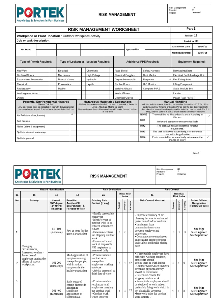 Risk Management Worksheet for Outdoor Work | PDF | Risk | Hazards