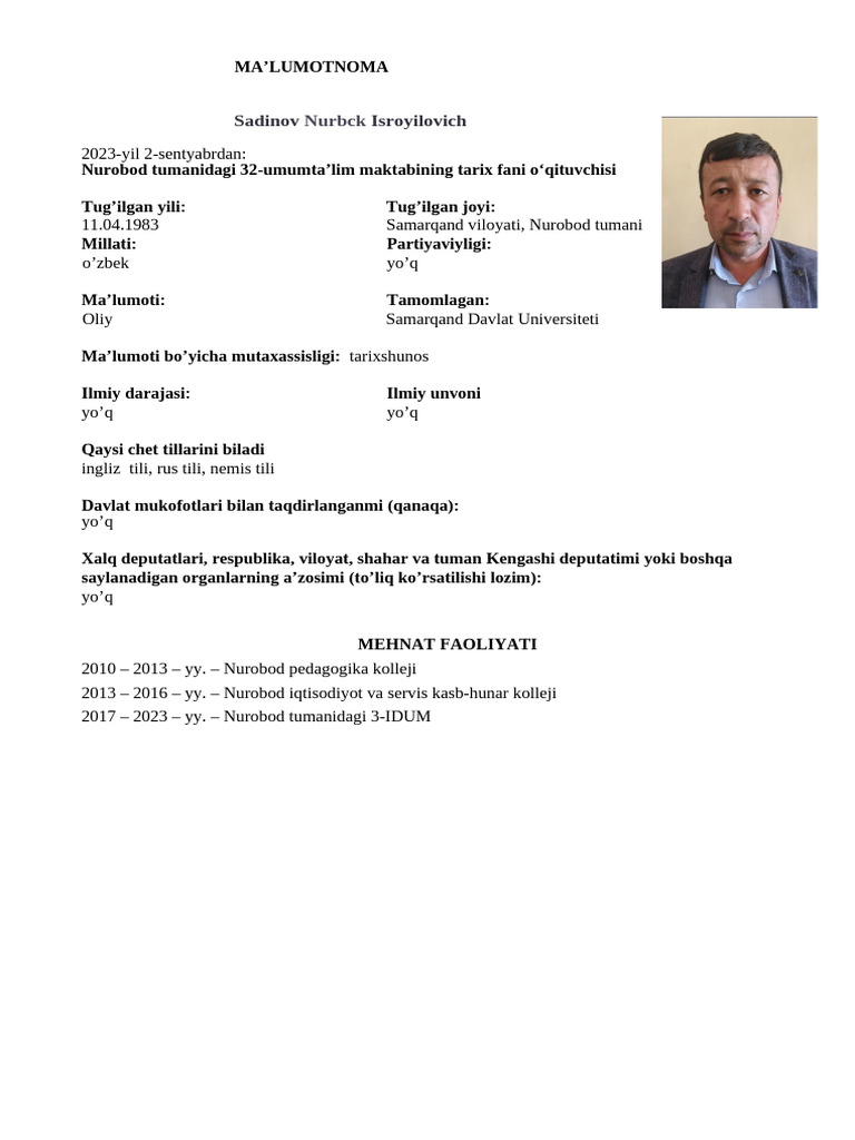Nurbek Ustoz Ma'lumotnomasi | PDF