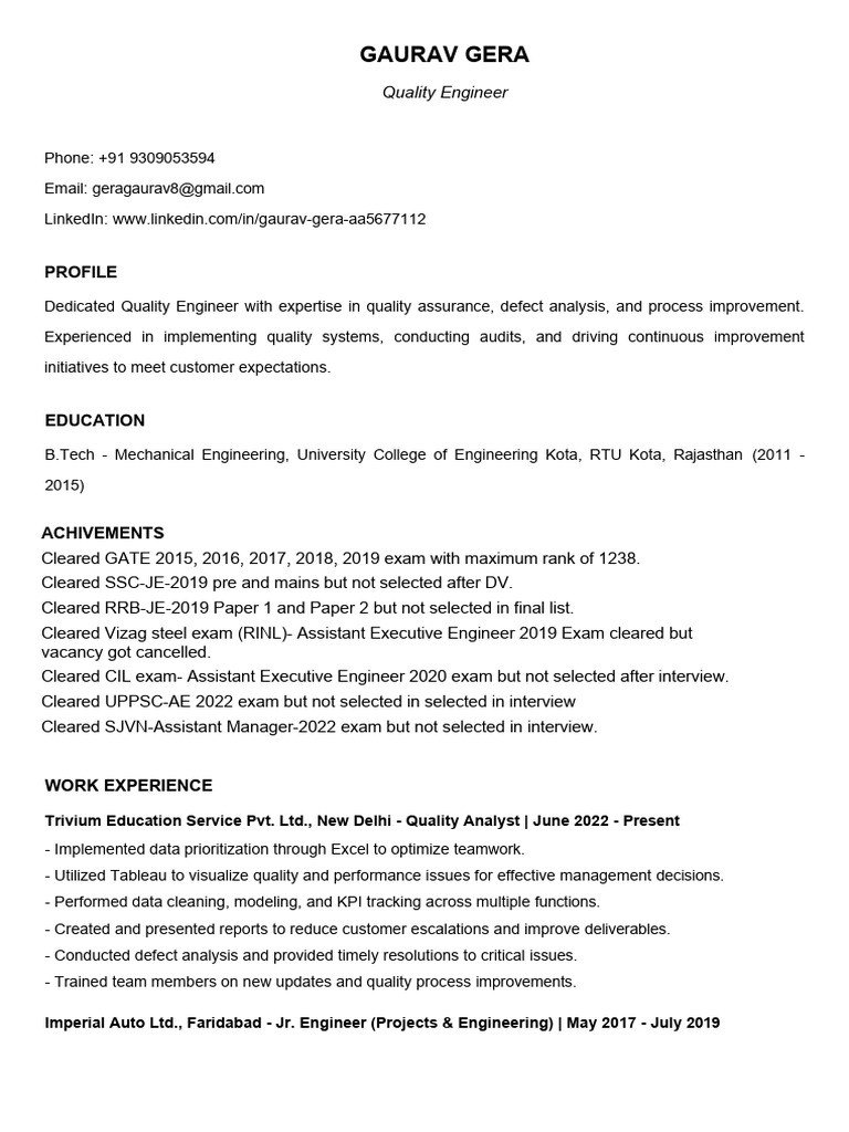 Gaurav Gera Quality Engineer CV (1) | PDF